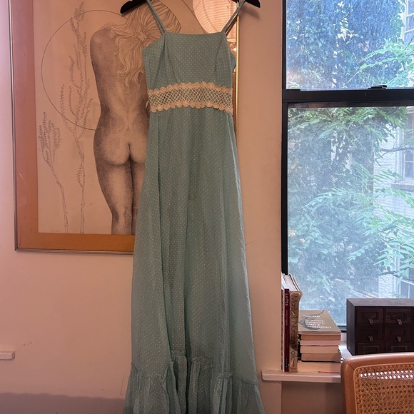 vintage light blue lace polka dot maxi dress daisy lace empire waist - Picture 13 of 13